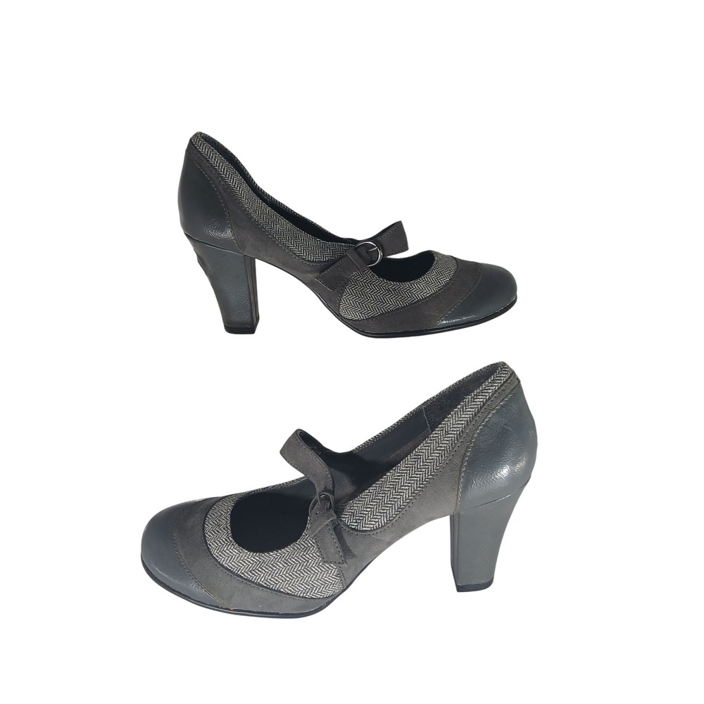 Aerosoles Roller Rink Mary Jane Heels 8.5 Grey Herringbone Dark Academia‎ Pump